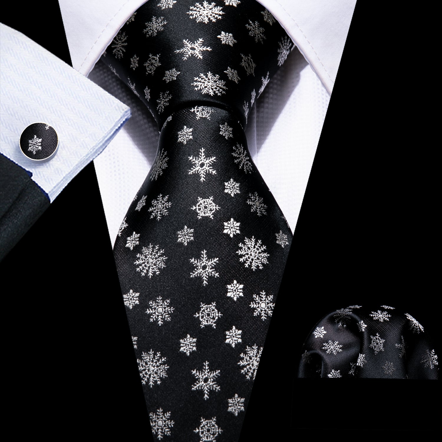 Christmas New Black White Snowflake Silk Tie Hanky Cufflinks Set