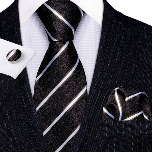 Barry. Wang Brown Black White Striped Silk Tie Hanky Cufflinks Set