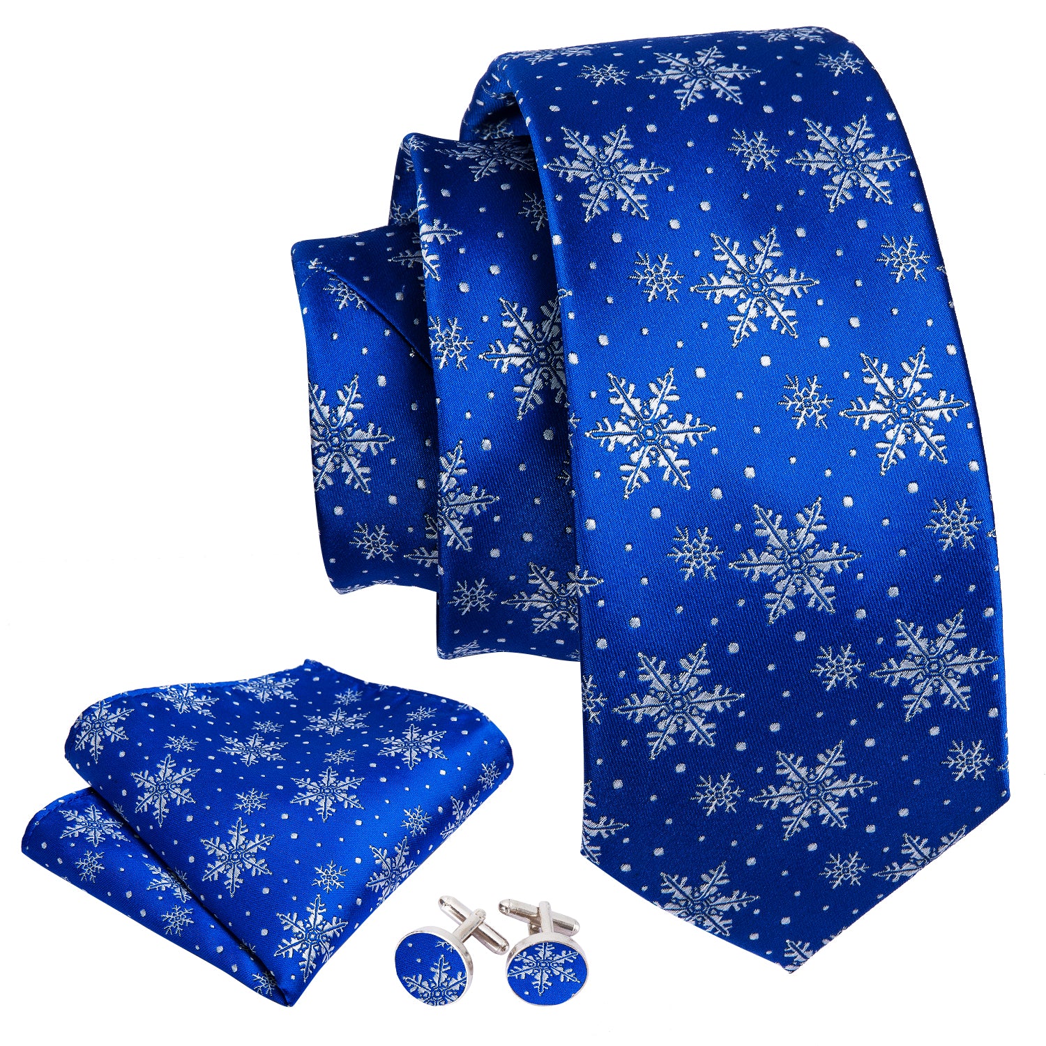 Christmas Blue White Snowflake Silk Men's Tie Pocket Square Cufflinks Set