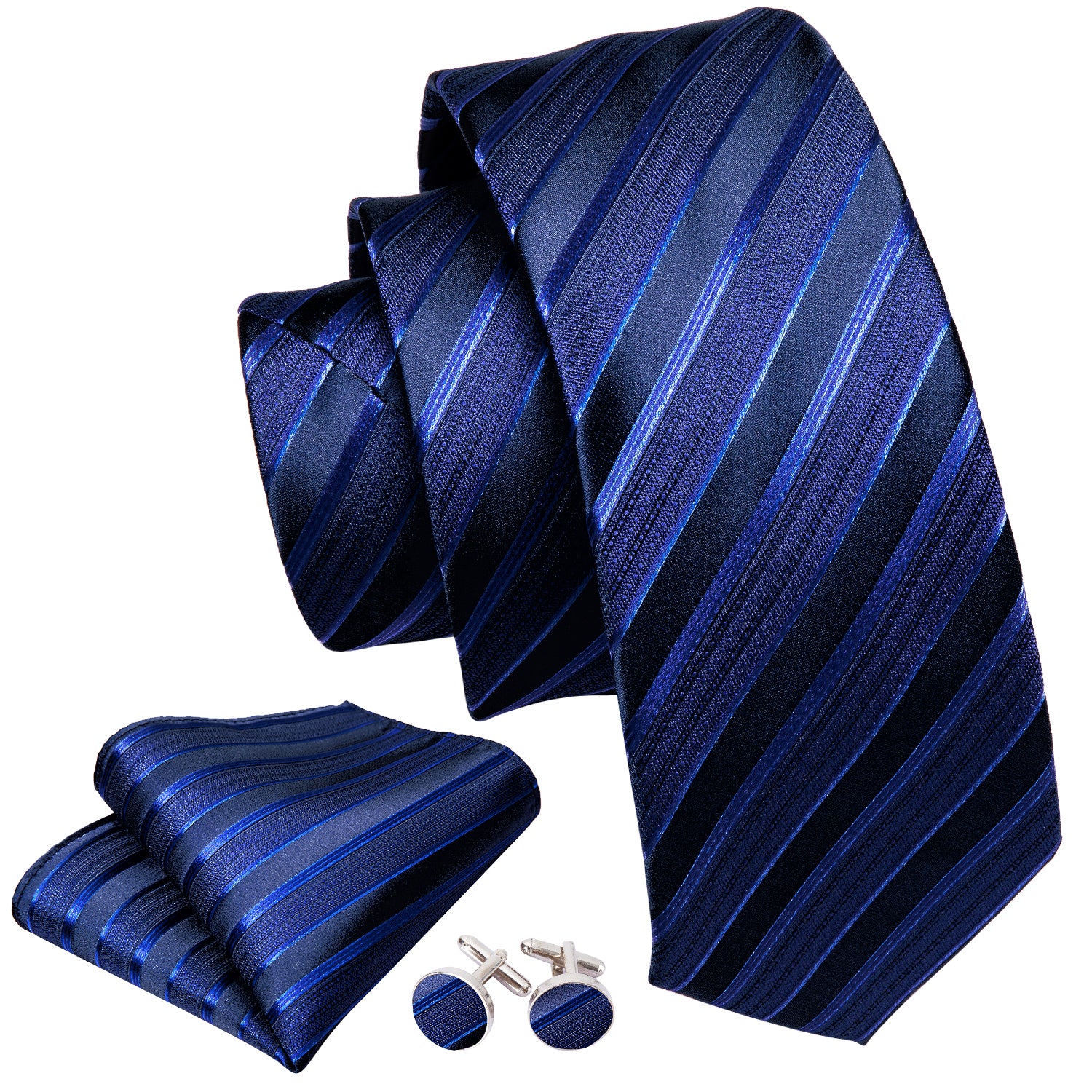 Necktie Deep Blue Striped Tie Pocket Square Cufflinks Set