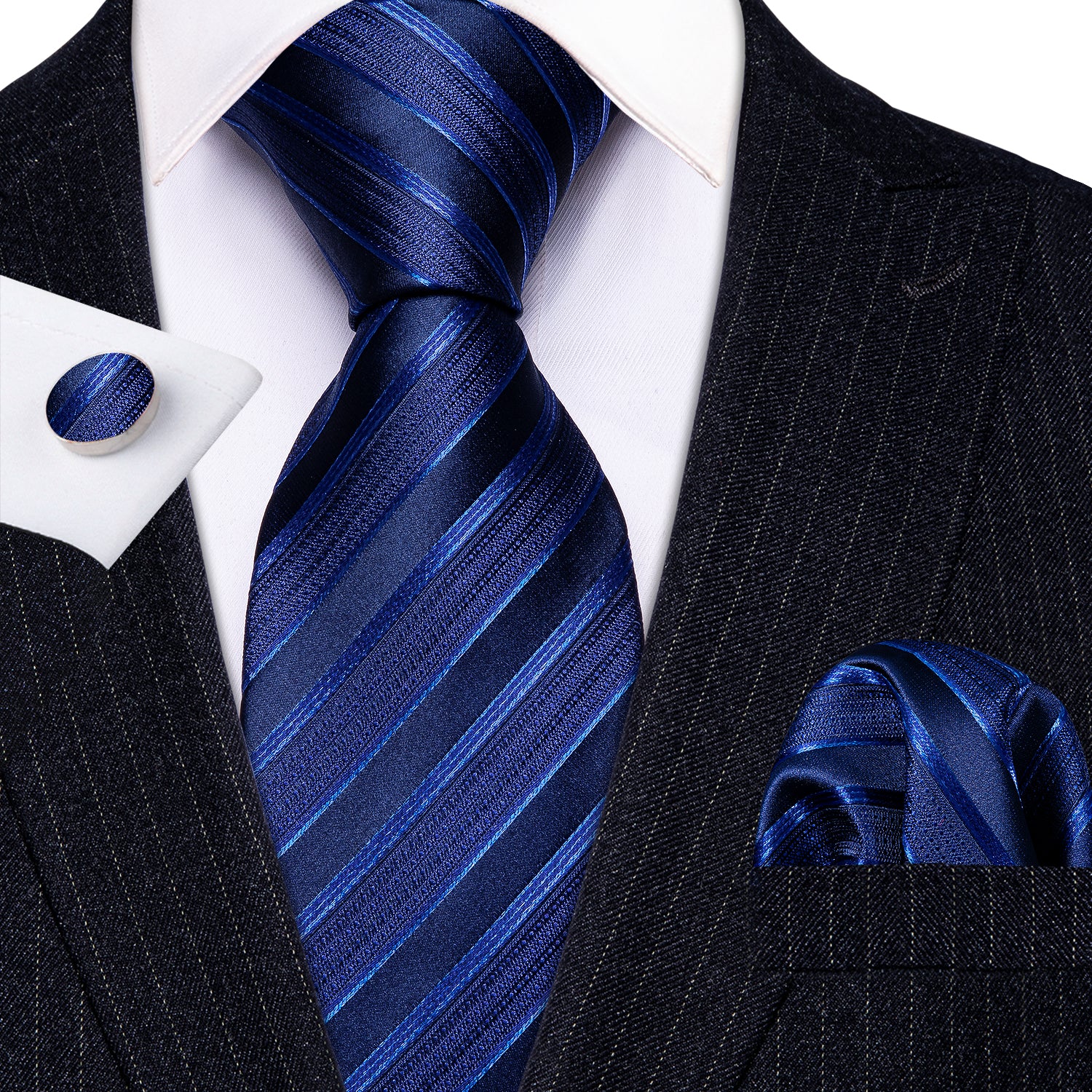 Necktie Deep Blue Striped Tie Pocket Square Cufflinks Set