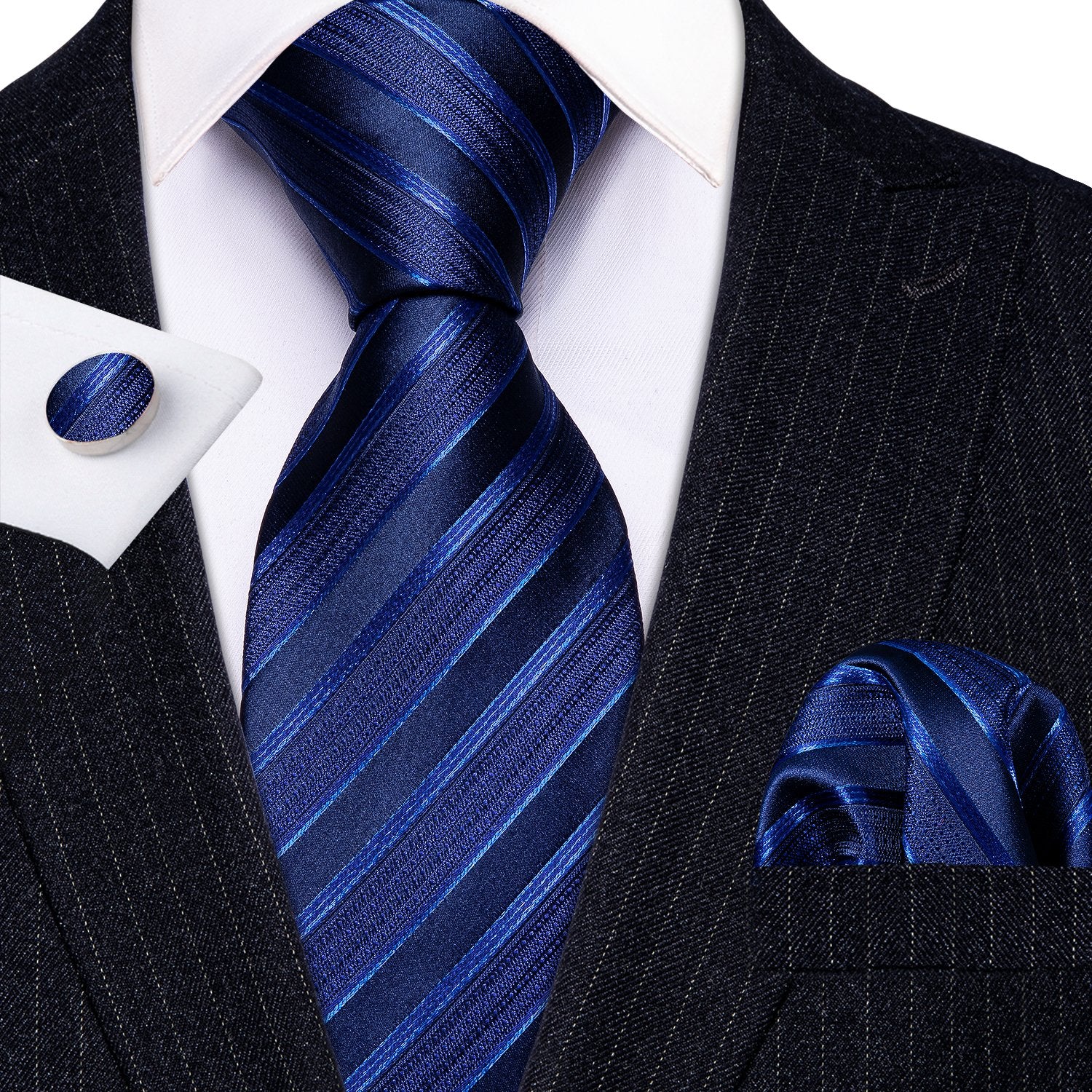Deep Blue Stripe Necktie Pocket Square Cufflink Clip Gift Box Set