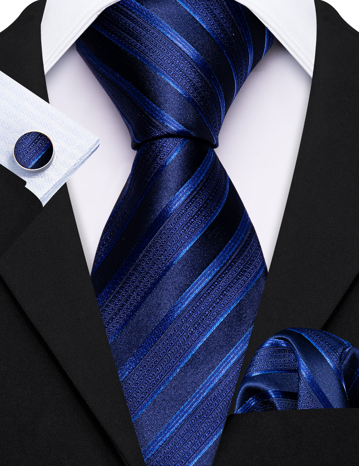 Barry. Wang Necktie Deep Blue Striped Tie Pocket Square Cufflinks Set
