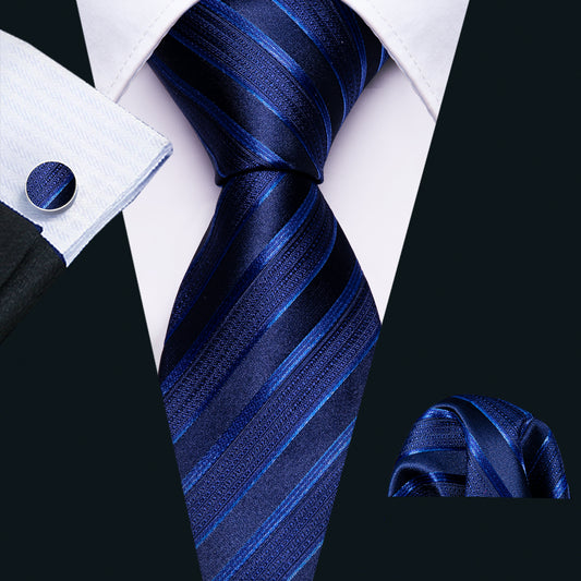Necktie Deep Blue Striped Tie Pocket Square Cufflinks Set