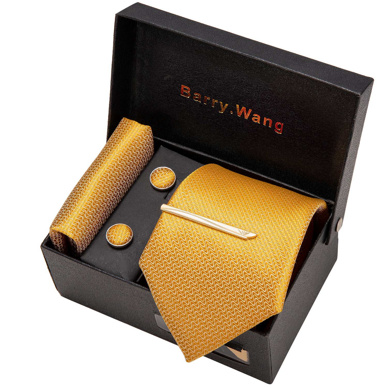 Novelty Golden Stripe Necktie Pocket Square Cufflink Clip Gift Box Set