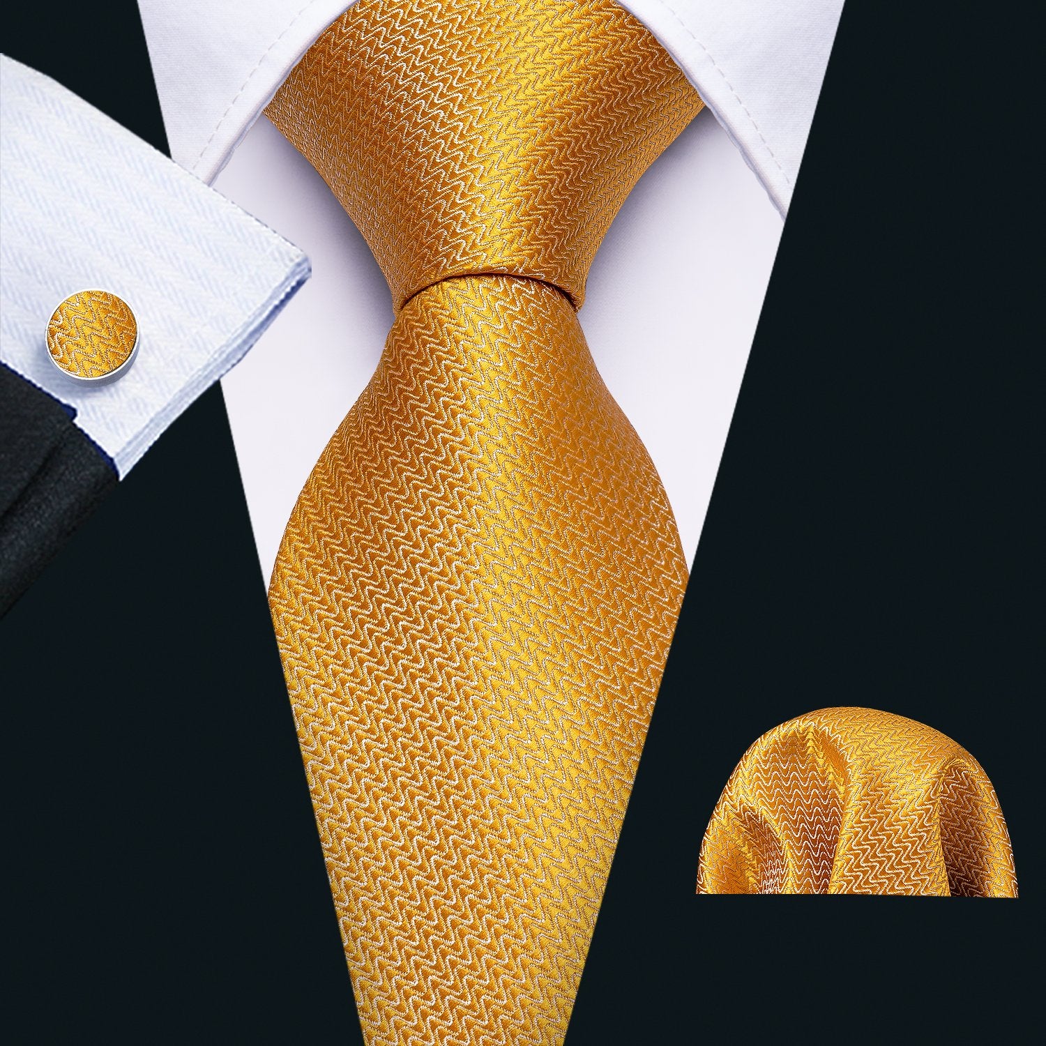 Novelty Golden Stripe Necktie Pocket Square Cufflink Clip Gift Box Set