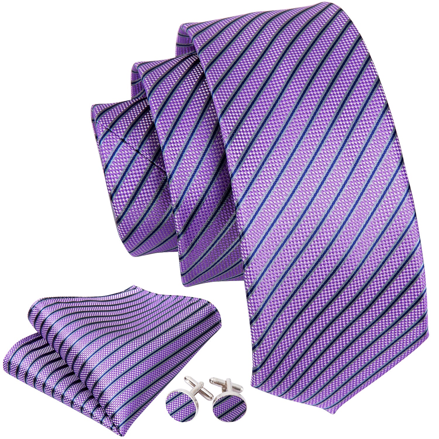 Purple Stripe Tie Pocket Square Cufflinks Set