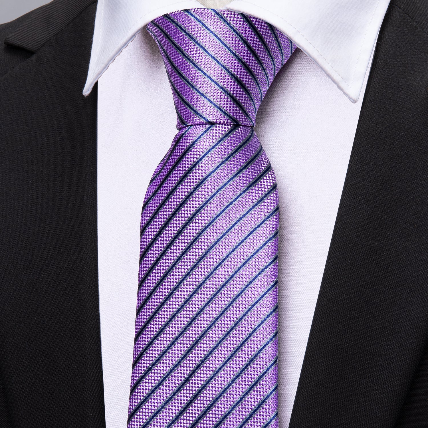 Purple Stripe Tie Pocket Square Cufflinks Set