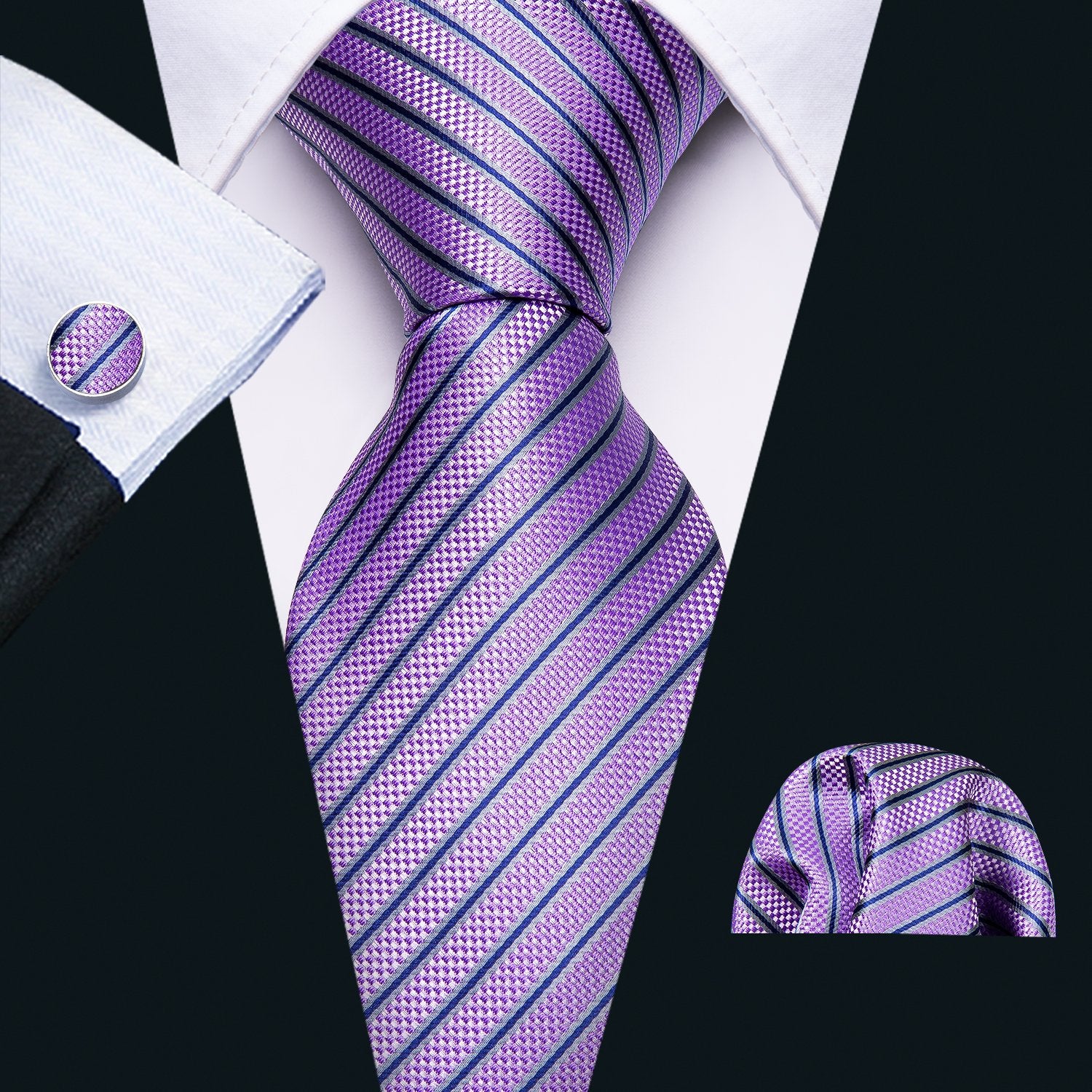 Purple Stripe Necktie Pocket Square Cufflink Clip Gift Box Set