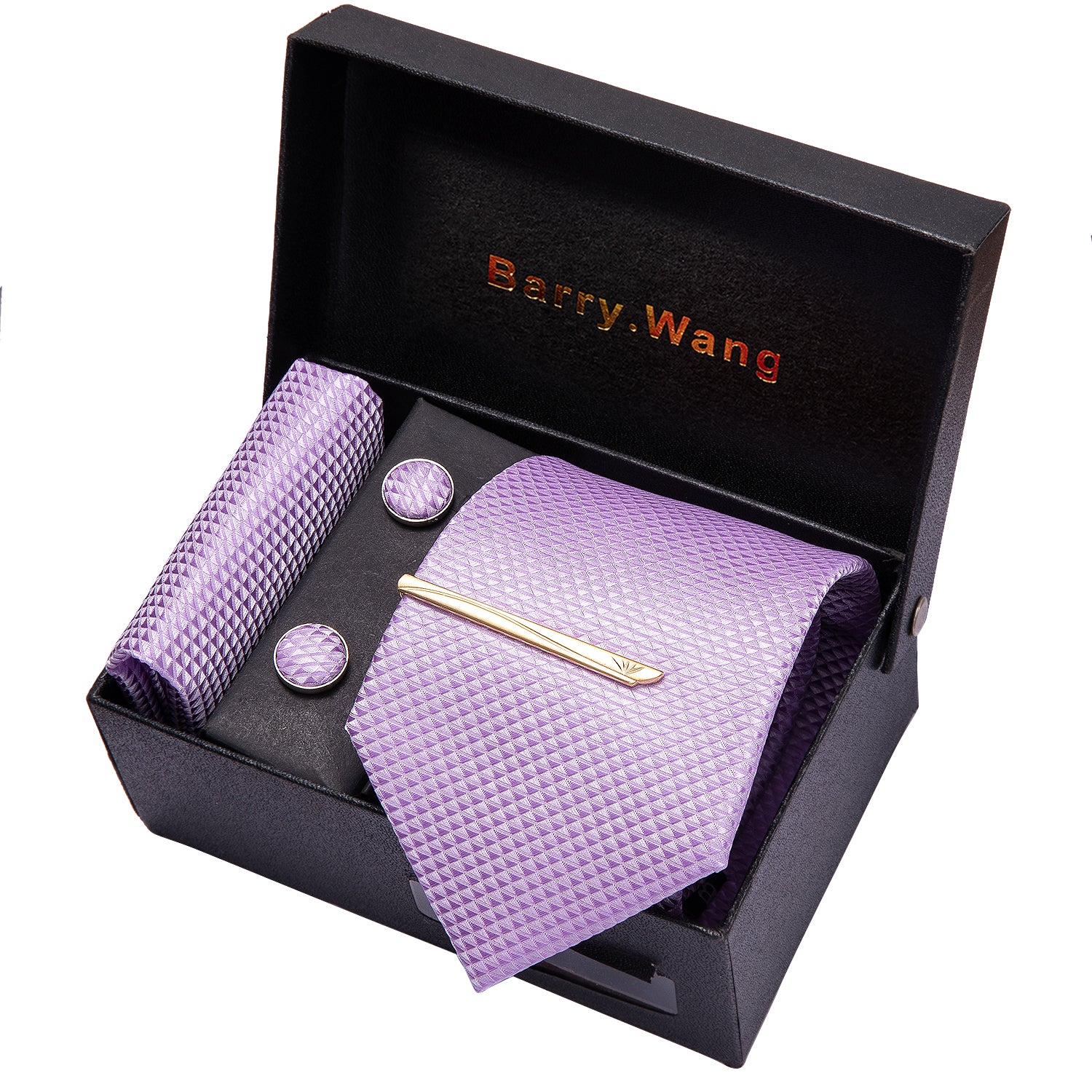 Light Purple Geometric Necktie Pocket Square Cufflink Clip Gift Box Set