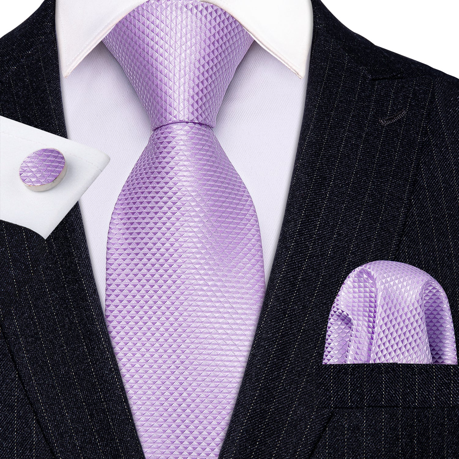 Barry.wang Men's Tie Light Purple Geometric Tie Hanky Cufflinks Set