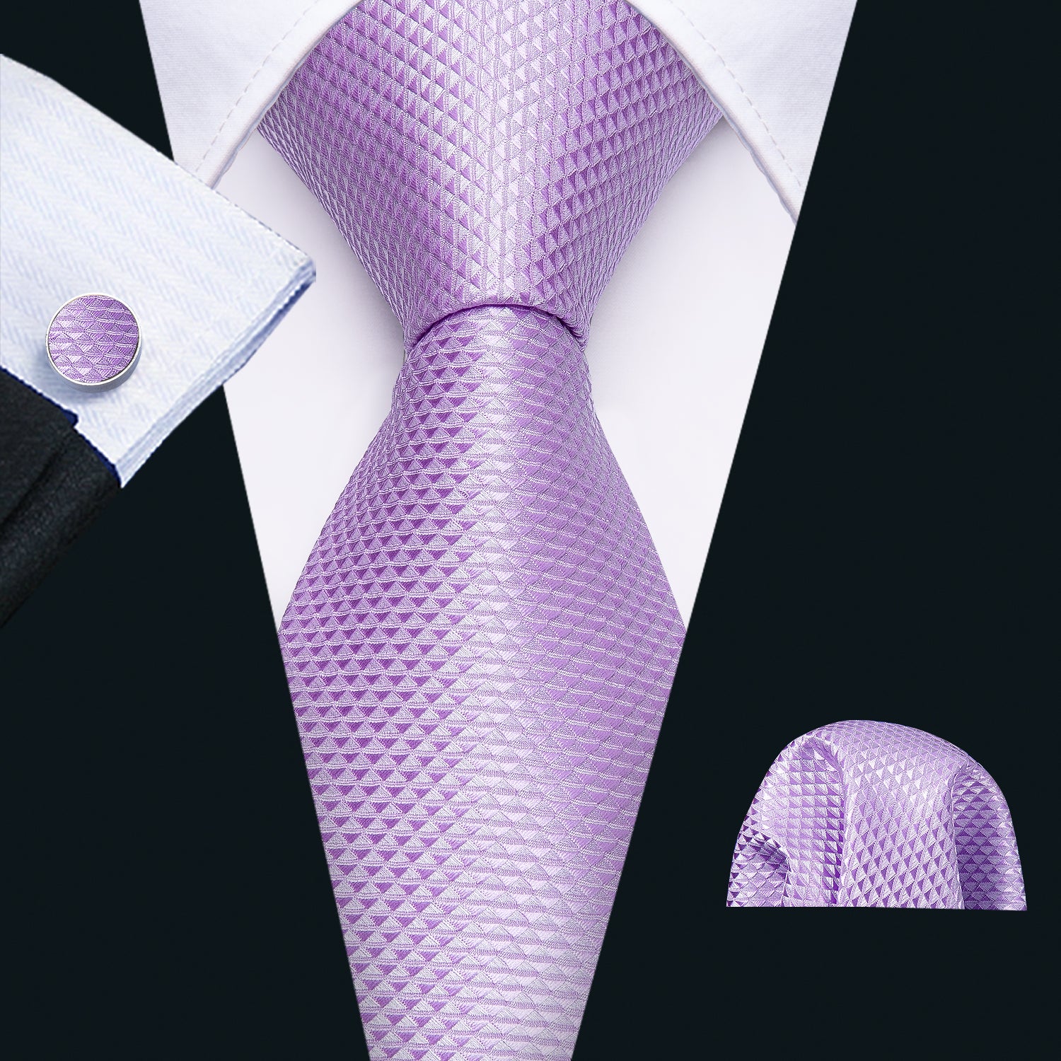 Barry.wang Men's Tie Light Purple Geometric Tie Hanky Cufflinks Set