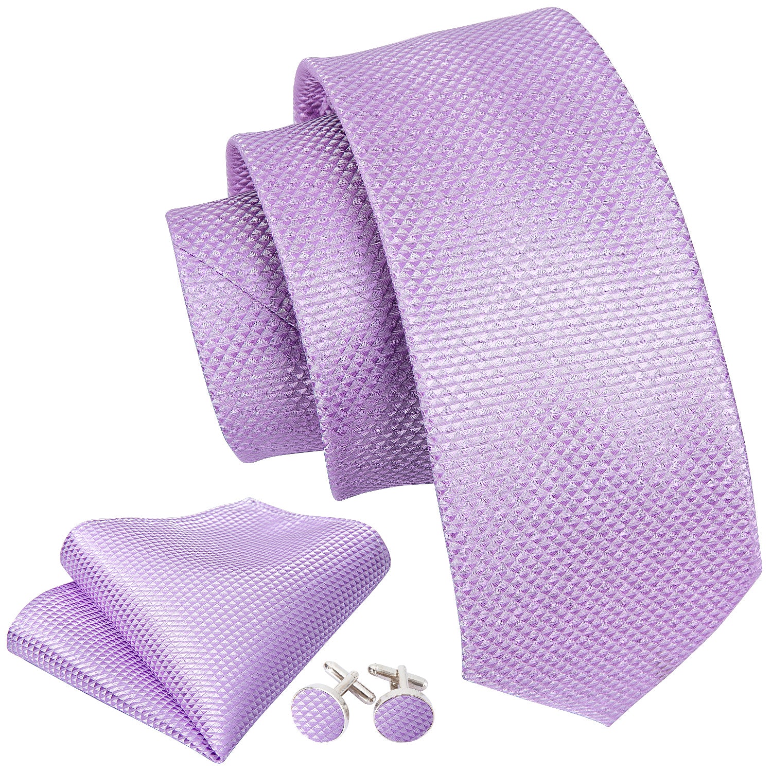 Barry.wang Men's Tie Light Purple Geometric Tie Hanky Cufflinks Set