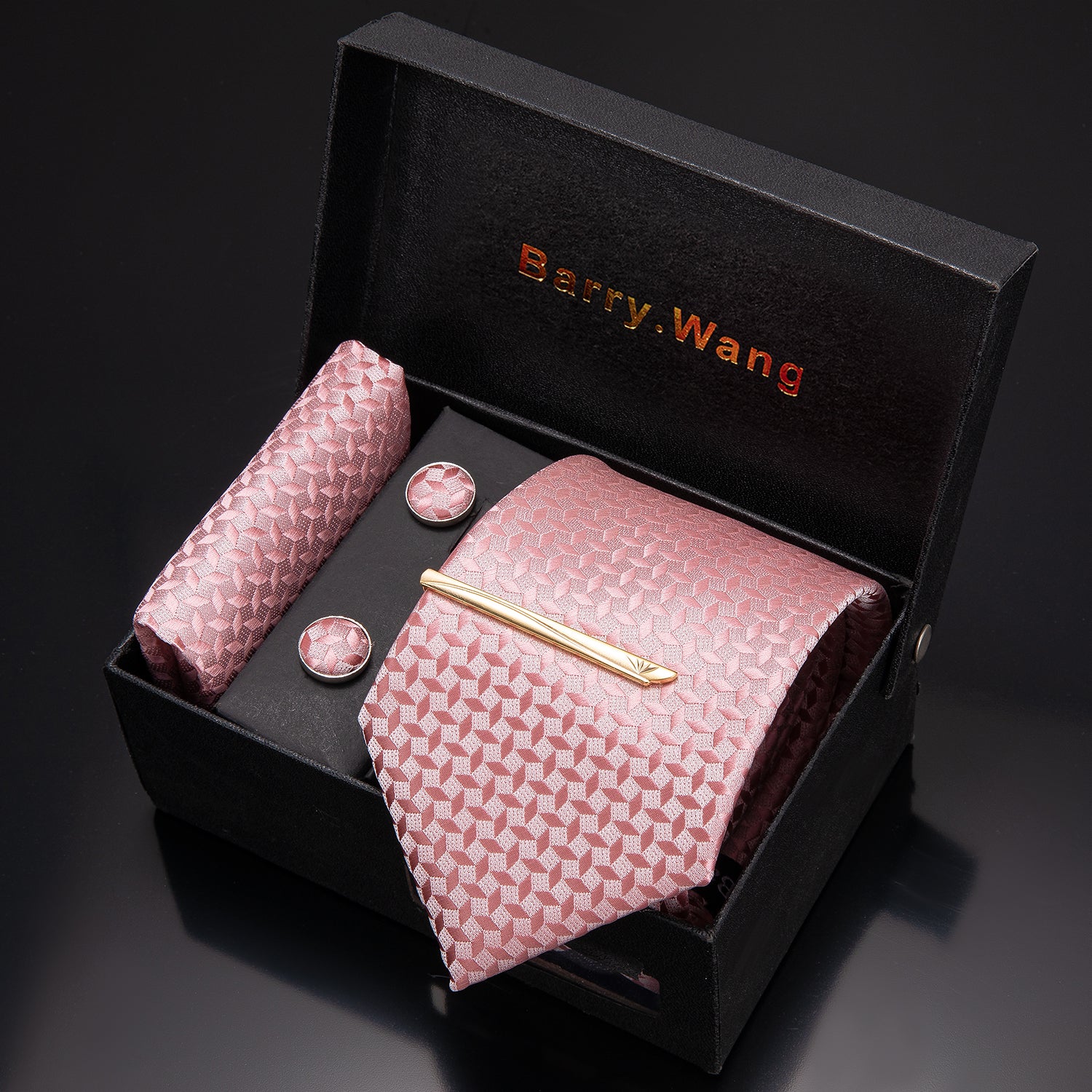Novelty Pink Floral Necktie Pocket Square Cufflink Clip Gift Box Set