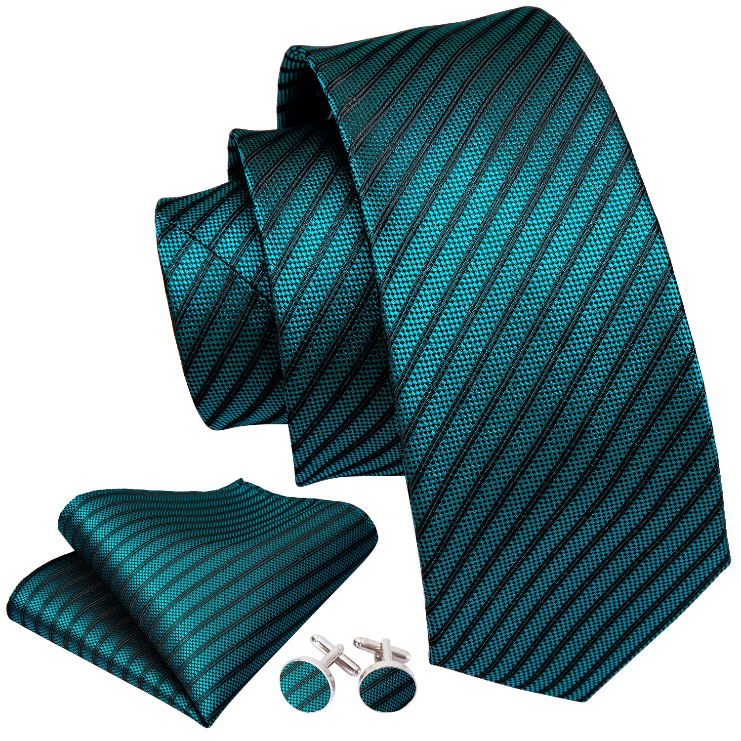 Barry Wang Teal Green Black Striped Ties Pocket Square Cufflinks Set