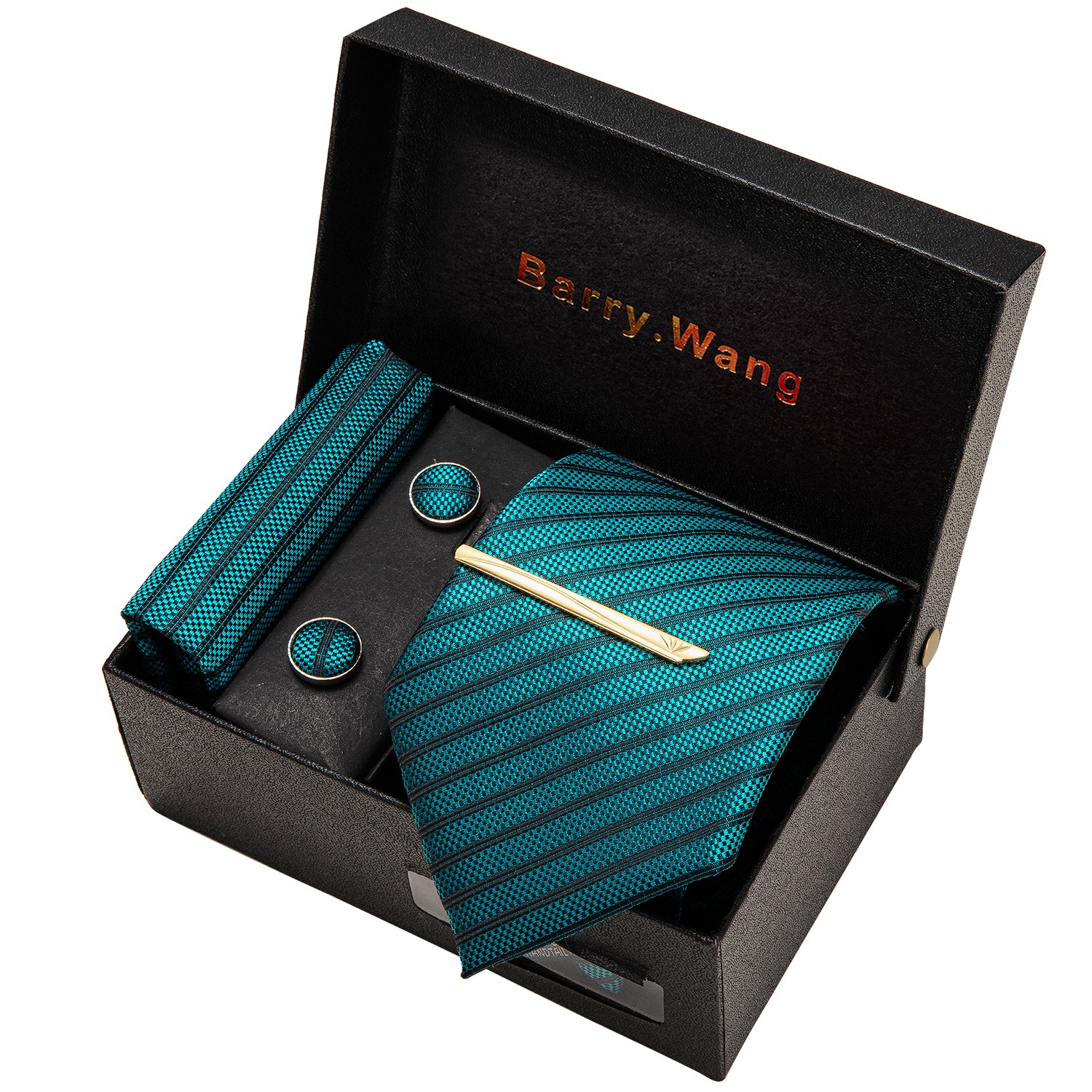 Teal Black Striped Necktie Pocket Square Cufflink Clip Gift Box Set