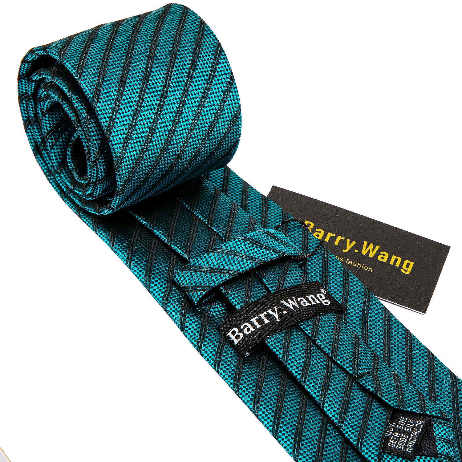 Barry Wang Teal Green Black Striped Ties Pocket Square Cufflinks Set