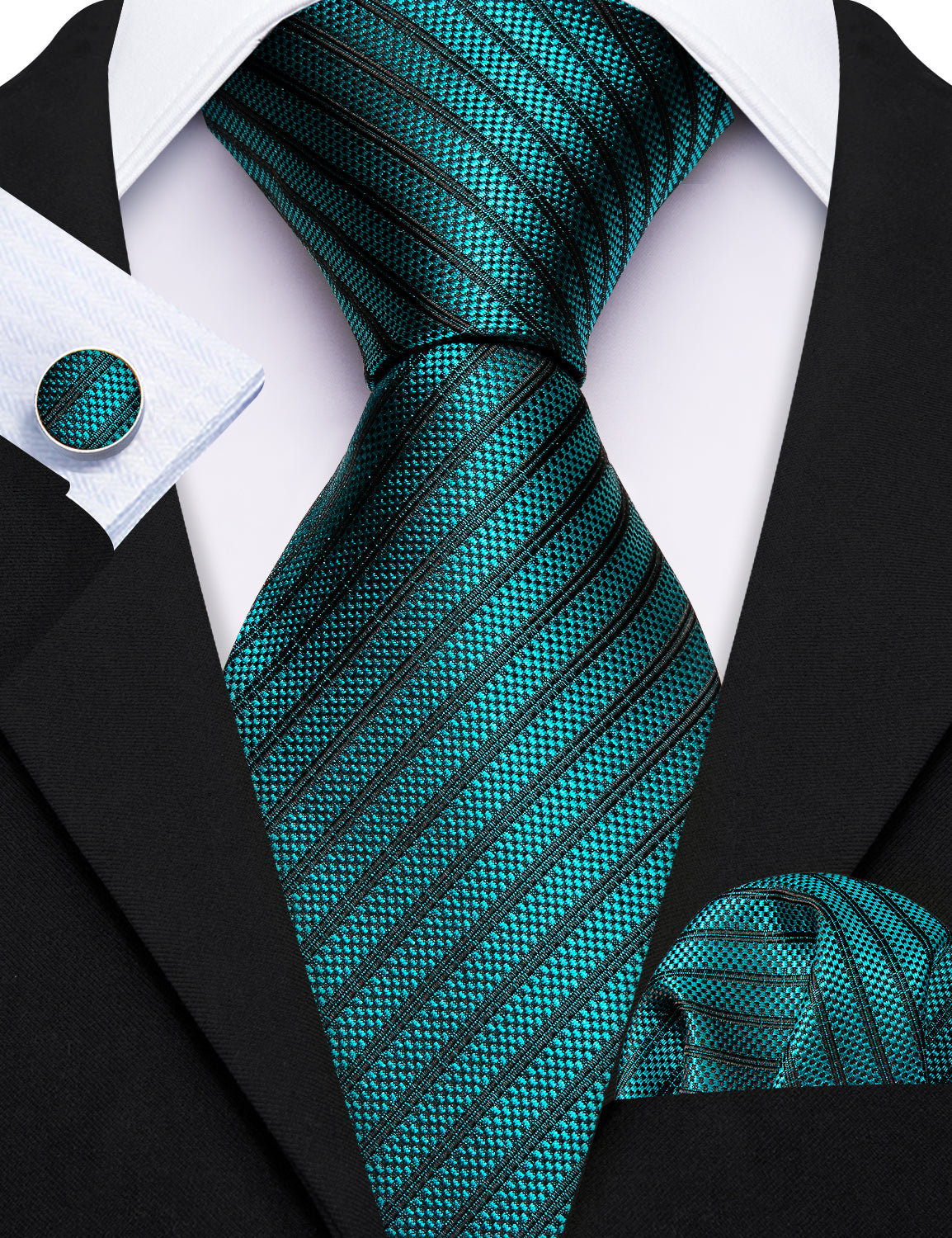 Barry Wang Teal Green Black Striped Ties Pocket Square Cufflinks Set