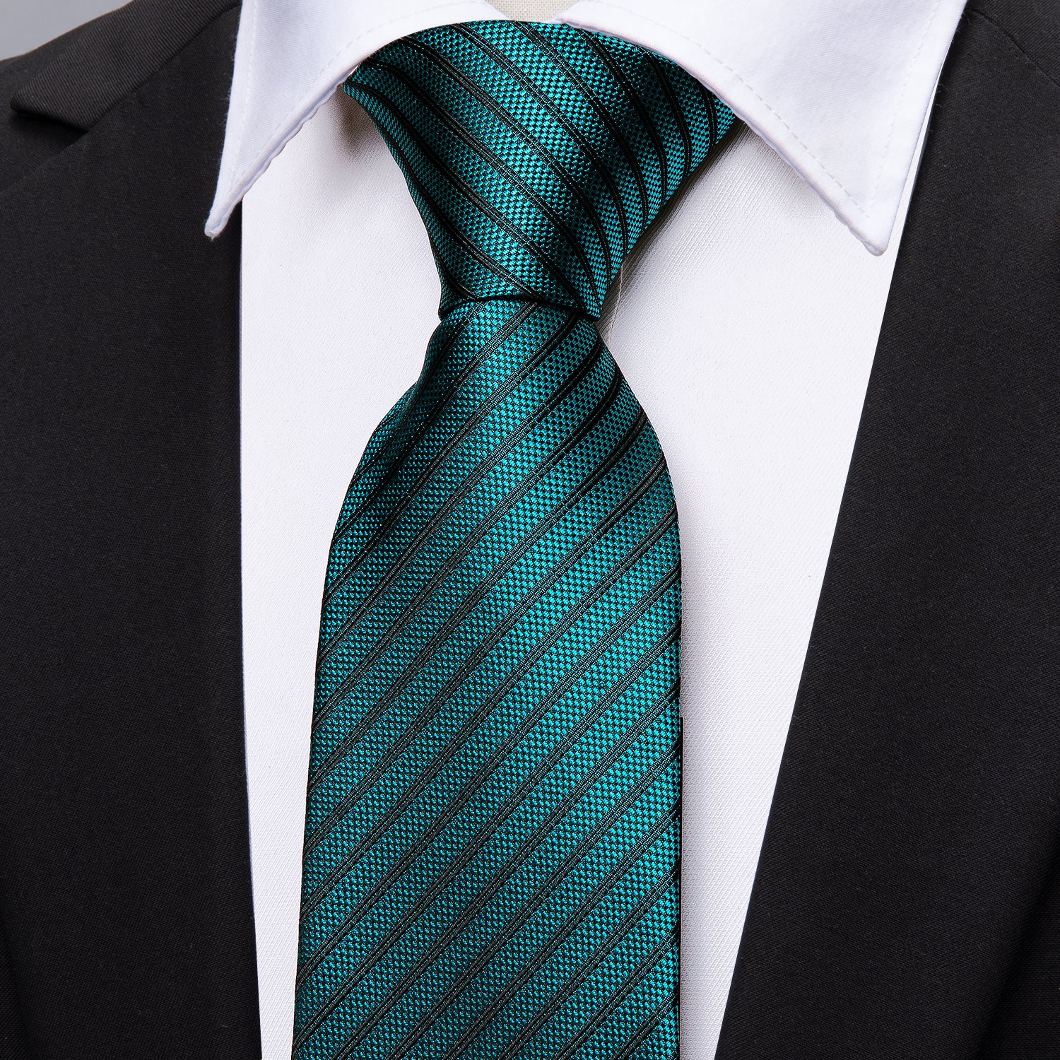 Barry Wang Teal Green Black Striped Ties Pocket Square Cufflinks Set