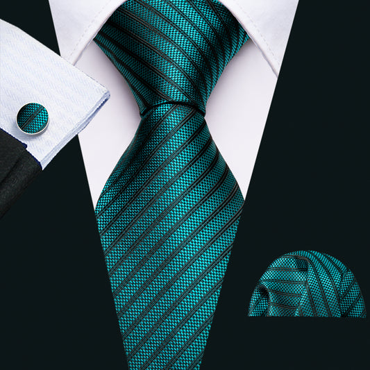 Barry Wang Teal Green Black Striped Ties Pocket Square Cufflinks Set