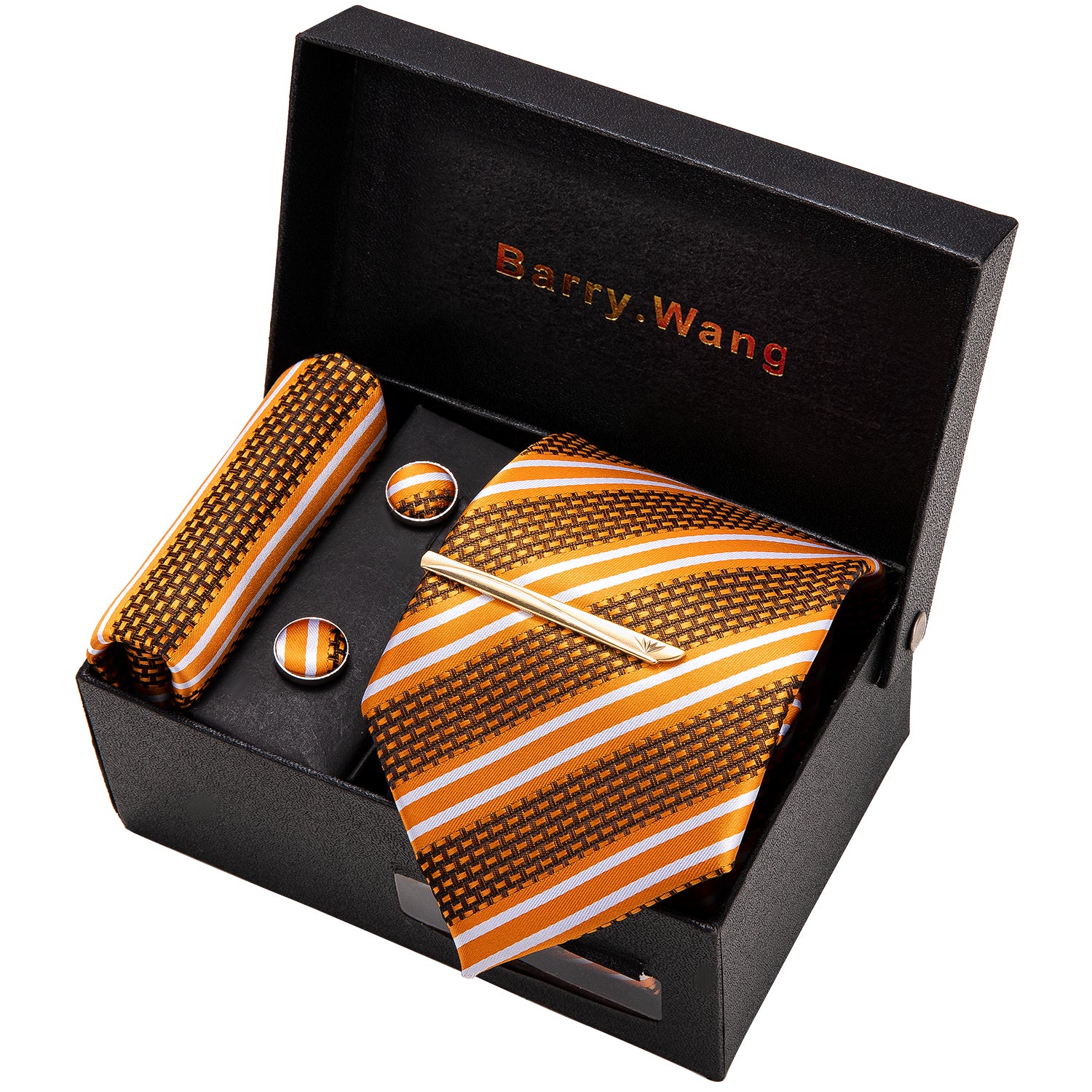Yellow White Striped Necktie Pocket Square Cufflink Clip Gift Box Set