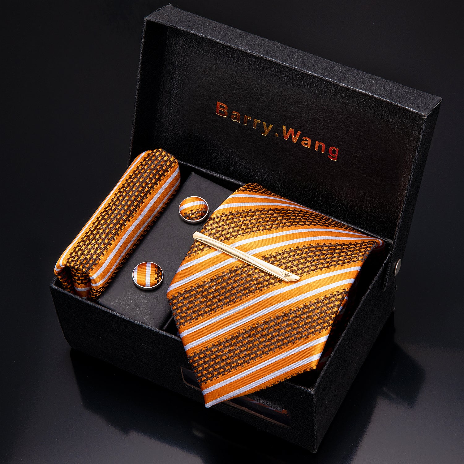 Yellow White Striped Necktie Pocket Square Cufflink Clip Gift Box Set