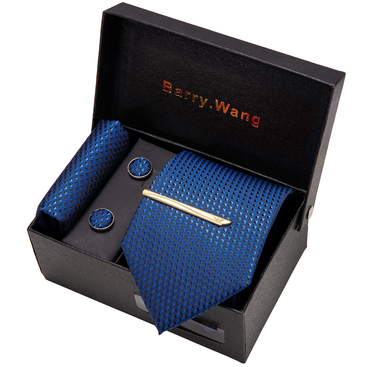 Blue Geometric Necktie Alloy Lapel Pin Brooch Pocket Square Cufflinks Gift Box Set