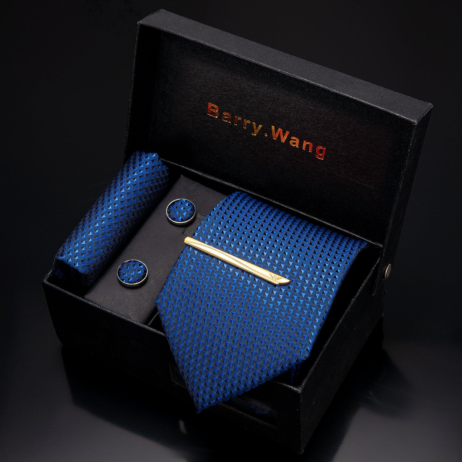 Blue Geometric Necktie Alloy Lapel Pin Brooch Pocket Square Cufflinks Gift Box Set