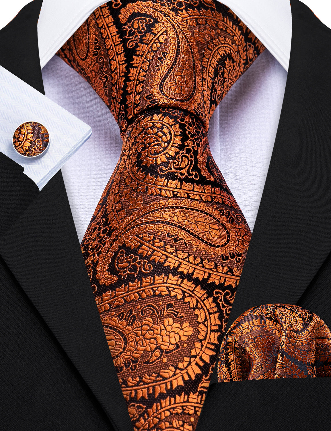 Necktie Brown Black Paisley Silk Tie Hanky Cufflinks Set