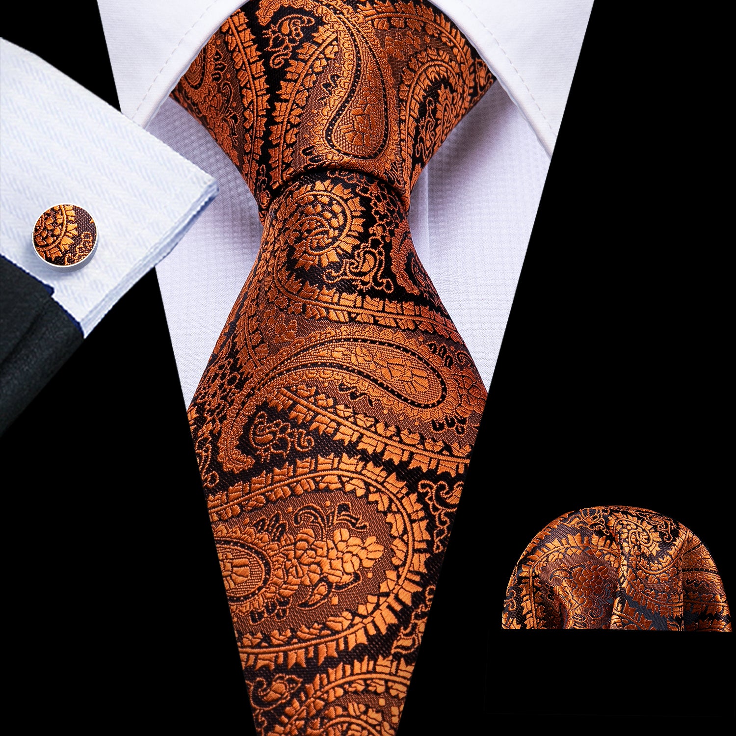 New Brown Black Paisley Silk Tie Hanky Cufflinks Set