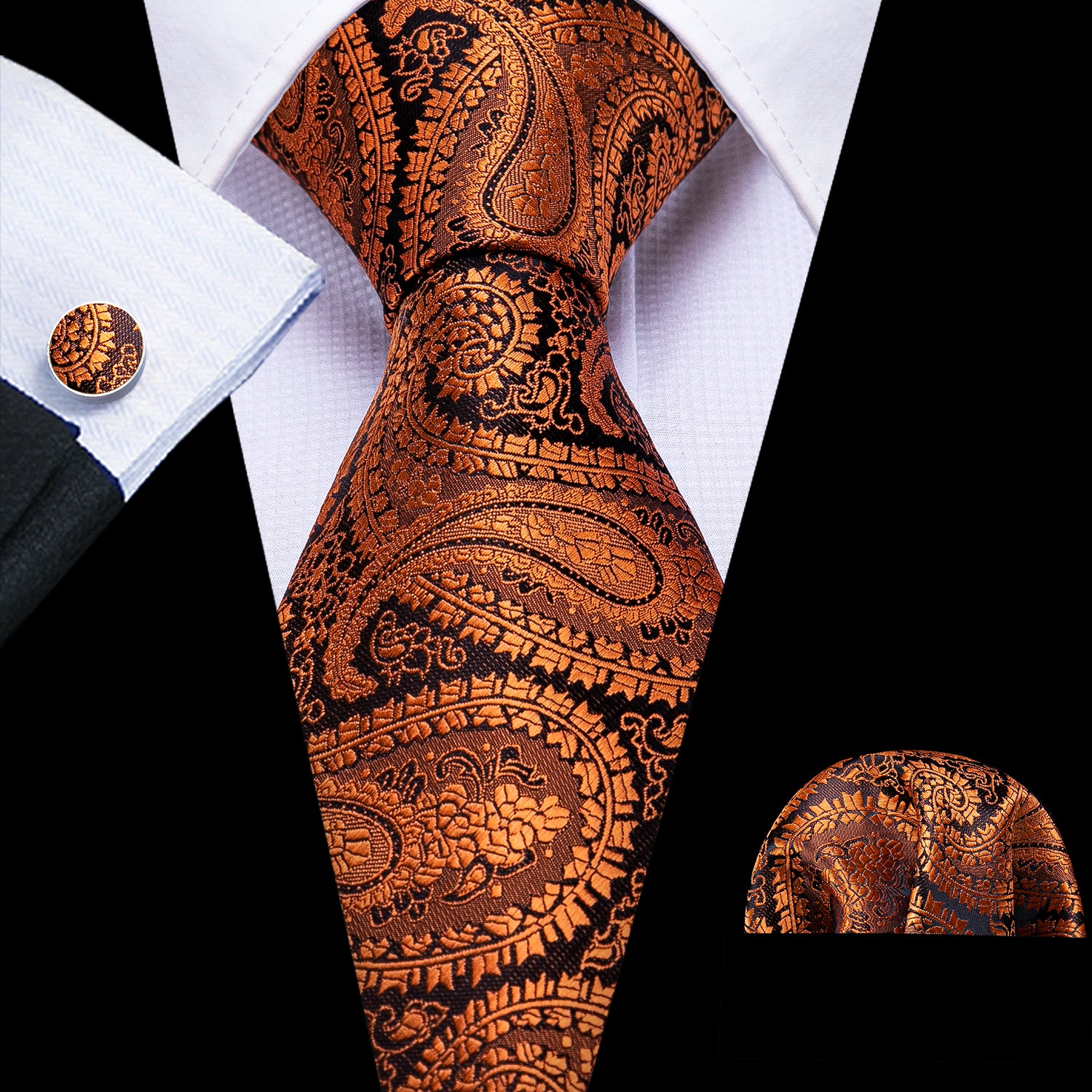Necktie Brown Black Paisley Silk Tie Hanky Cufflinks Set