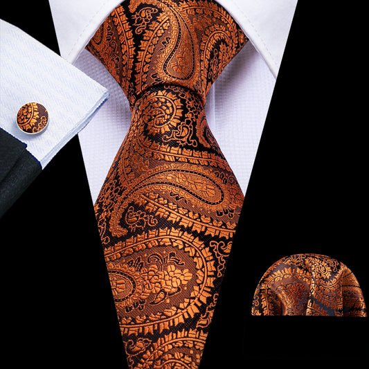 Necktie Brown Black Paisley Silk Tie Hanky Cufflinks Set