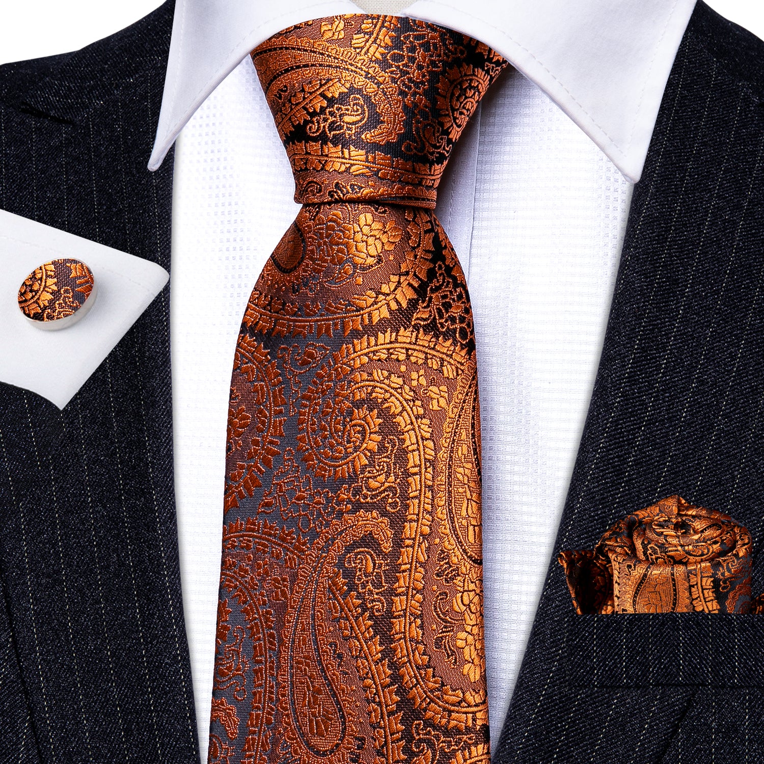 Necktie Brown Black Paisley Silk Tie Hanky Cufflinks Set
