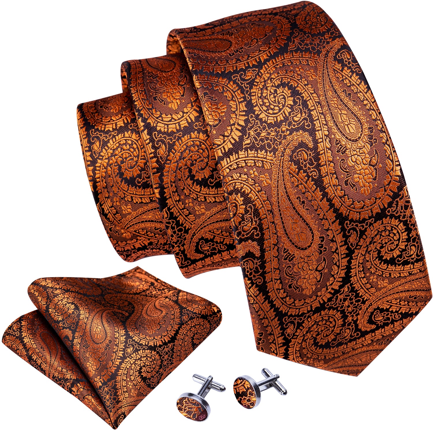 Necktie Brown Black Paisley Silk Tie Hanky Cufflinks Set