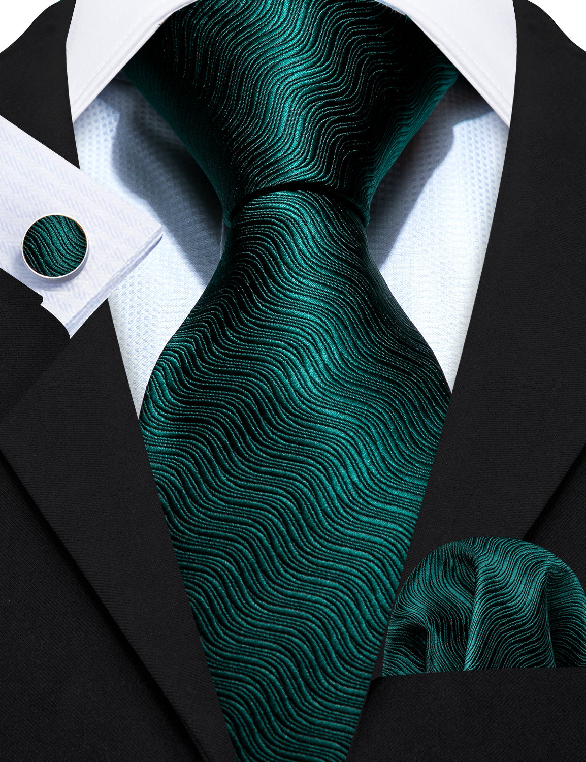  Dark Green Tie Novelty Green Geometric Hanky Cufflinks Set