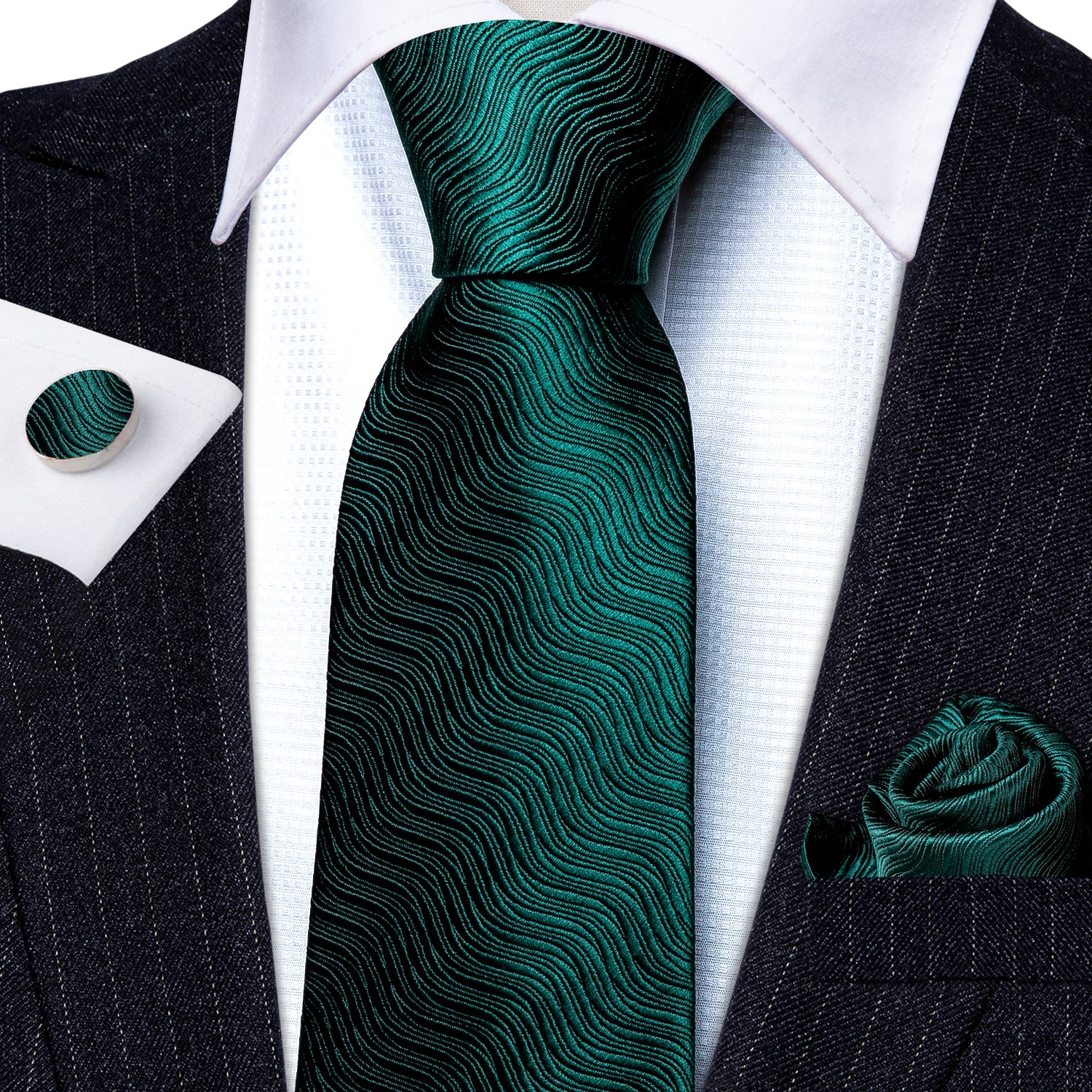 Barry Wang Green Tie Geometric Solid Silk Necktie Hanky Cufflinks Tie Clip Set