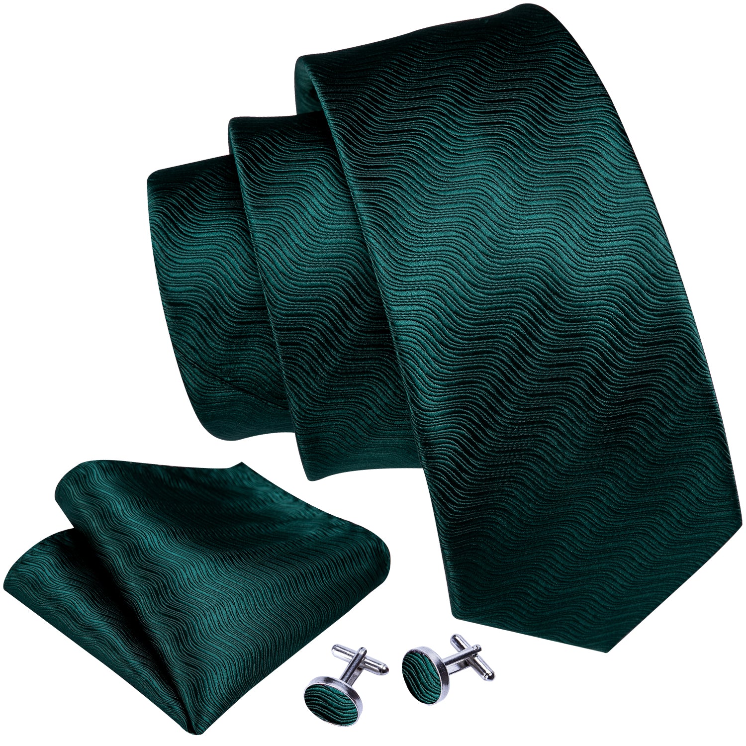 Novelty Green Geometric Solid Silk Tie Hanky Cufflinks Set