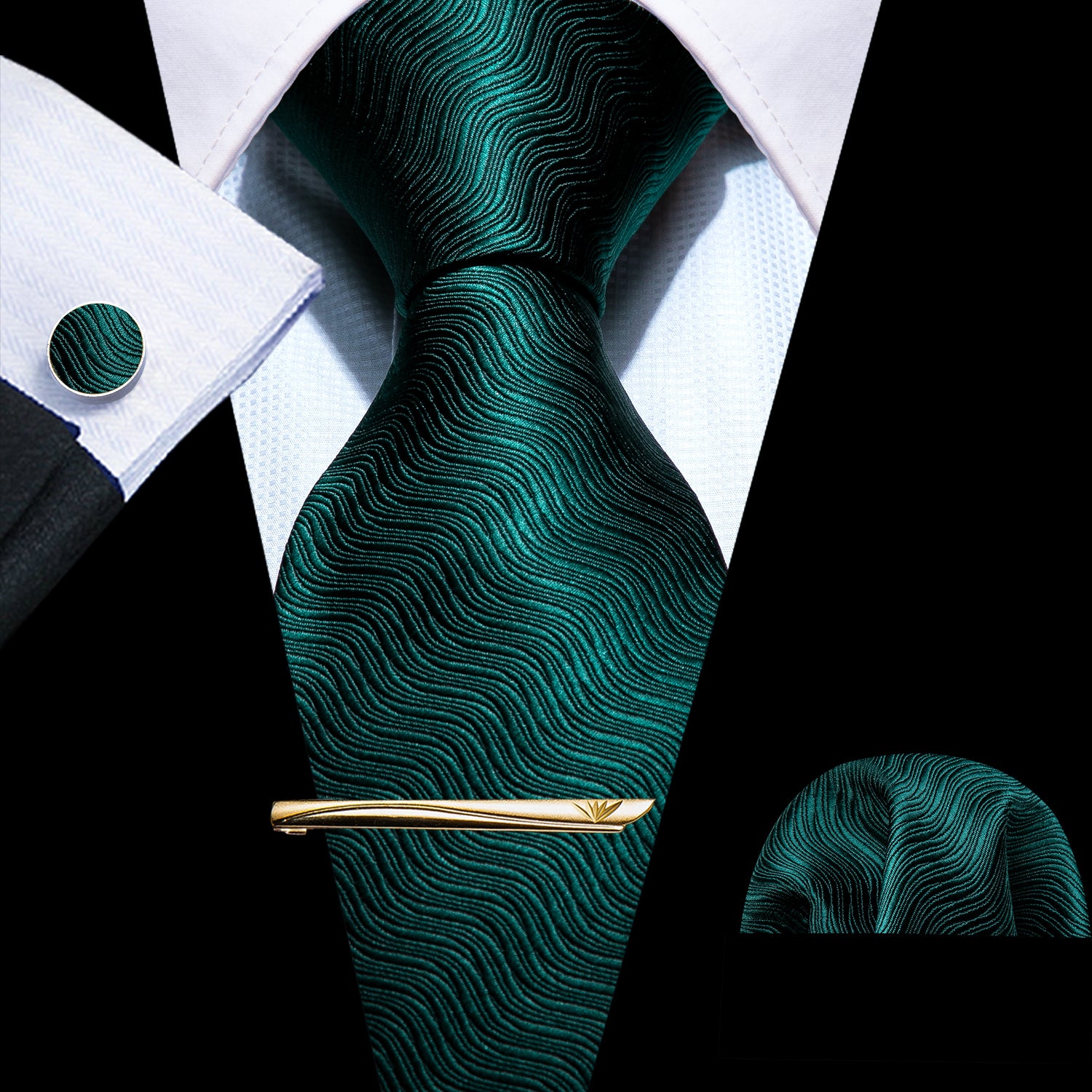 4PCS Green Geometric Solid Silk Necktie Hanky Cufflinks Tie Clip Set