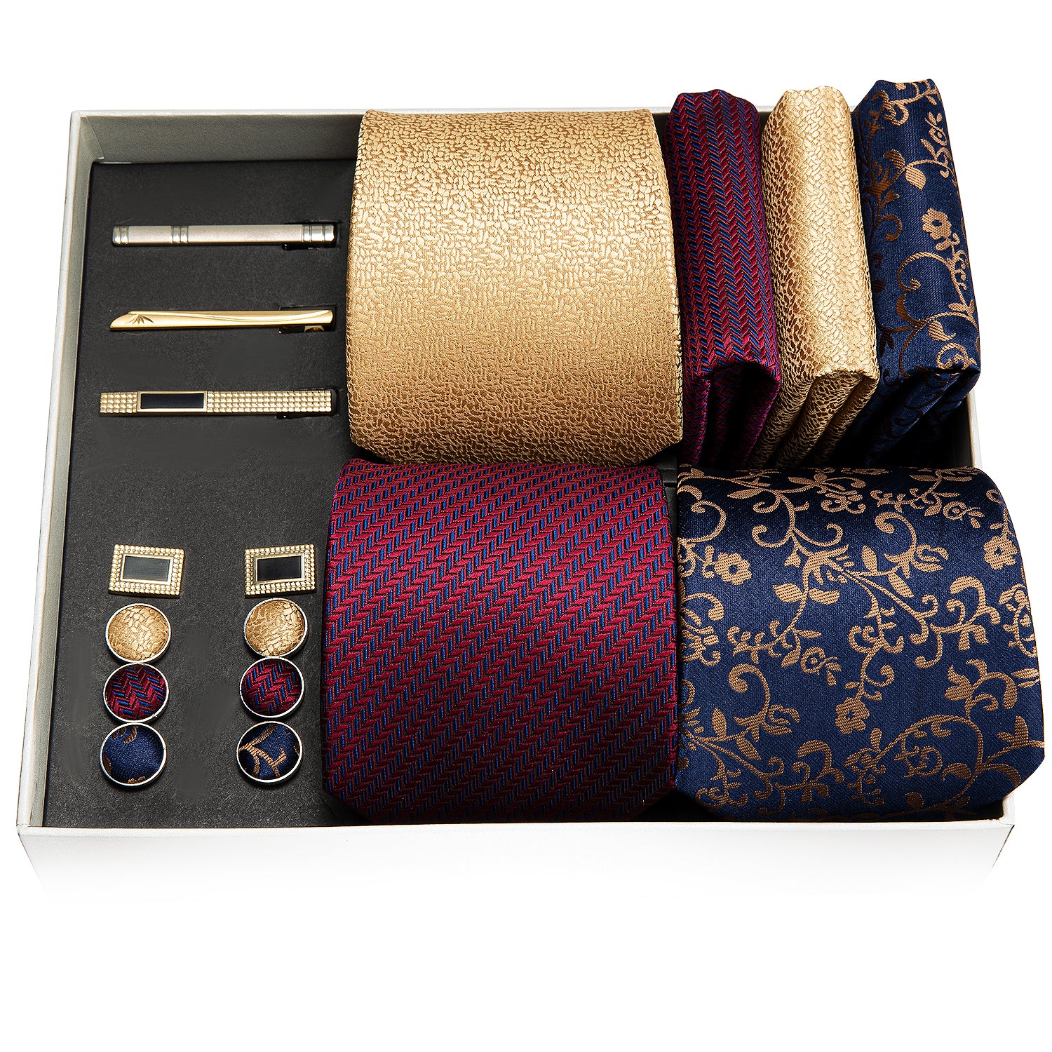 Blue Red Floral Silk Wedding Necktie Pocket Square Gift Box Set