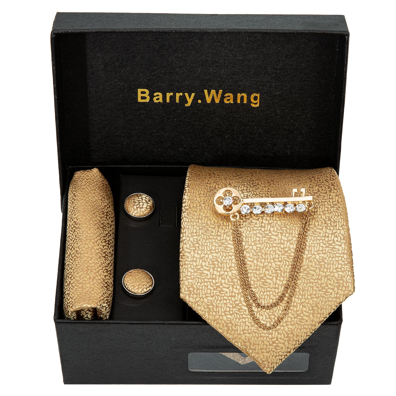 Golden Solid Necktie Alloy Lapel Pin Brooch Pocket Square Cufflinks Gift Box Set