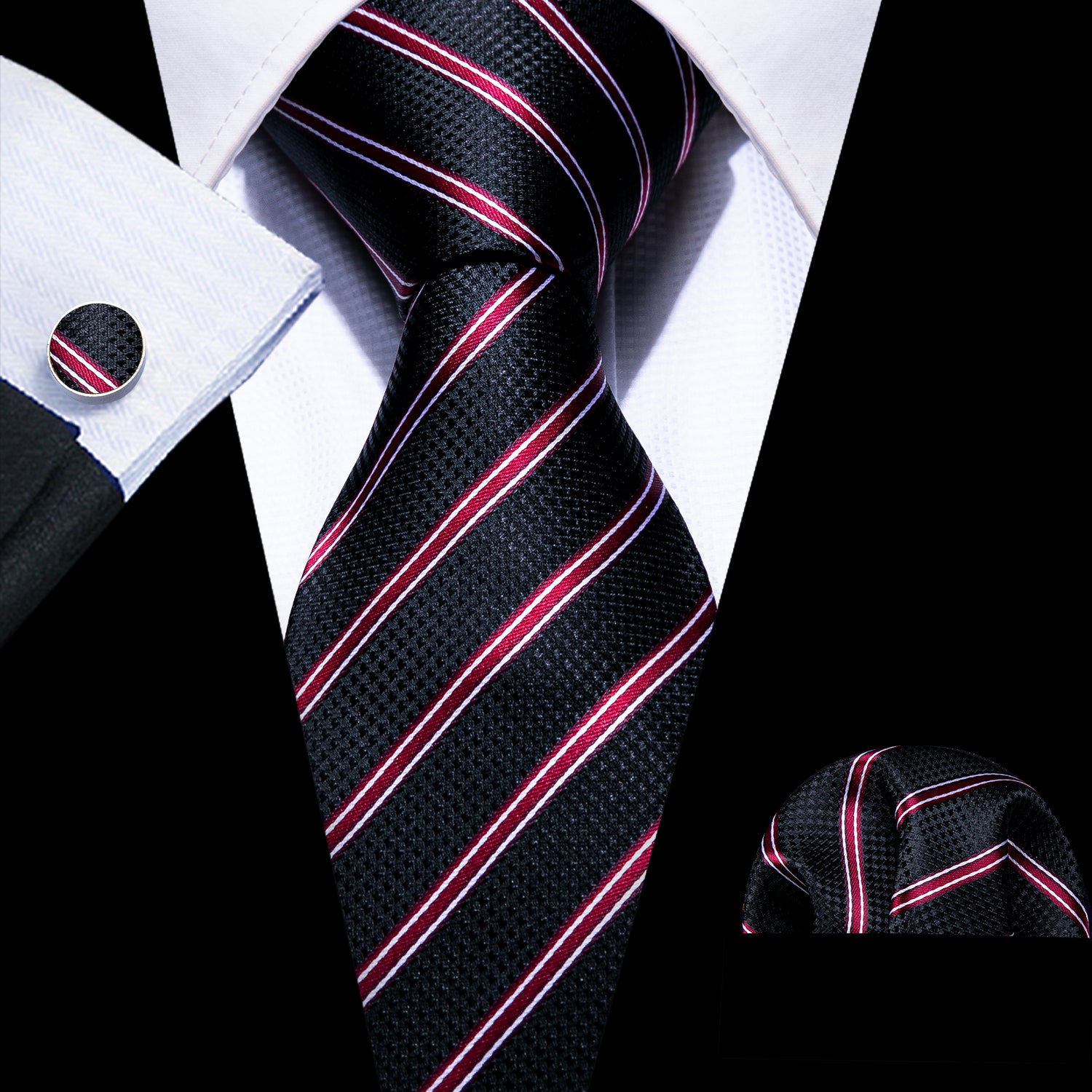New Red Black Striped  Silk Tie Hanky Cufflinks Set