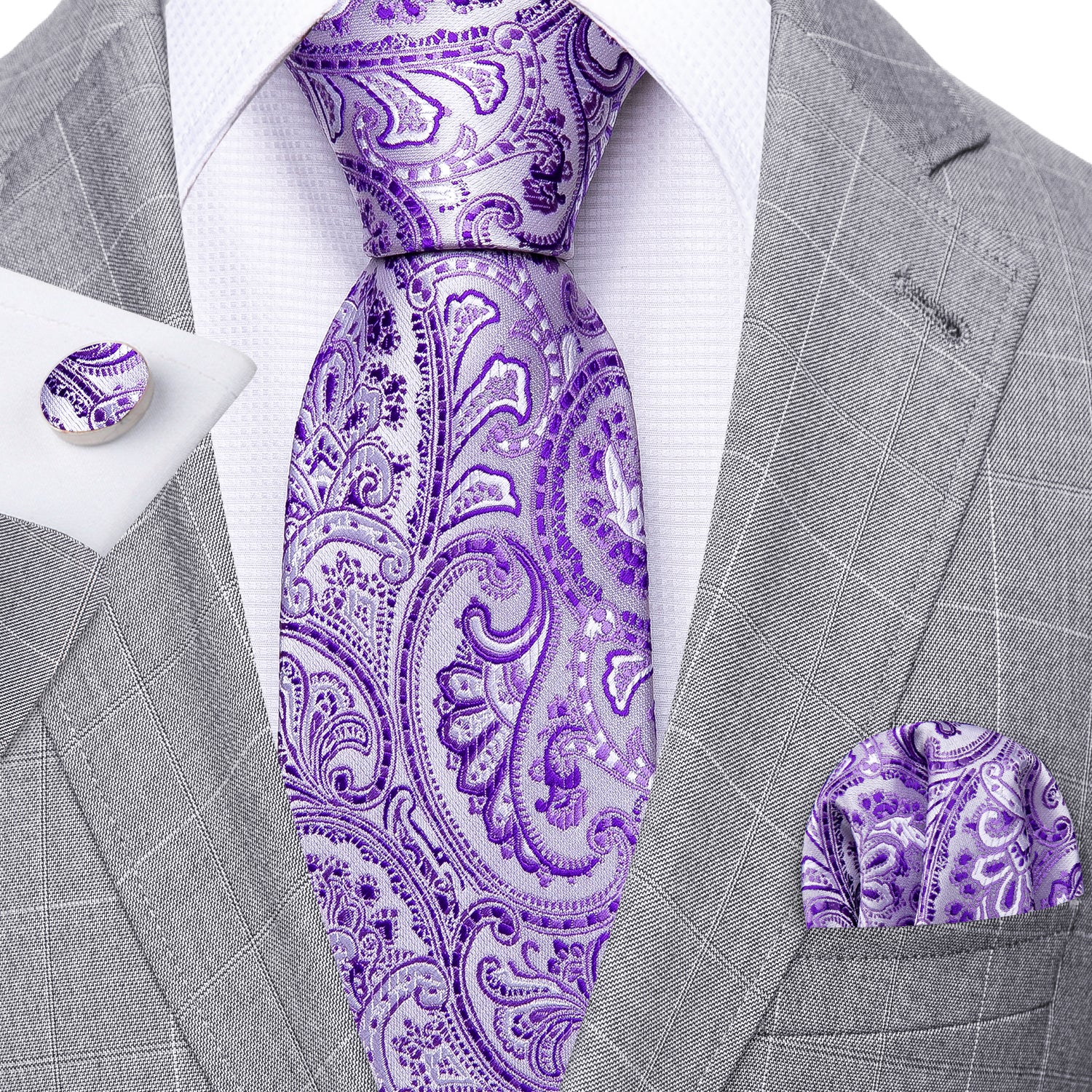 purple paisley white men tie on grey suiye blazer