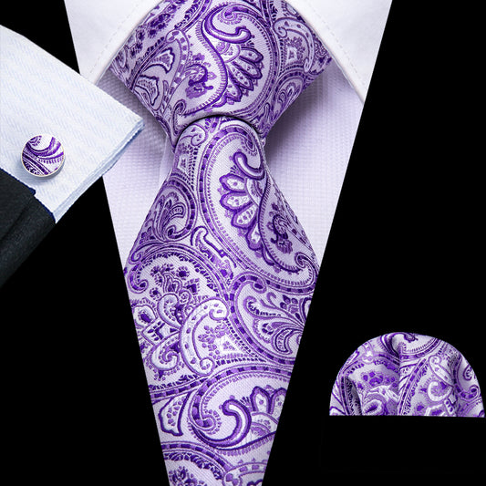 4PCS Lavender Purple Paisley Silk Necktie Hanky Cufflinks Tie Clip Set purple cufflinks