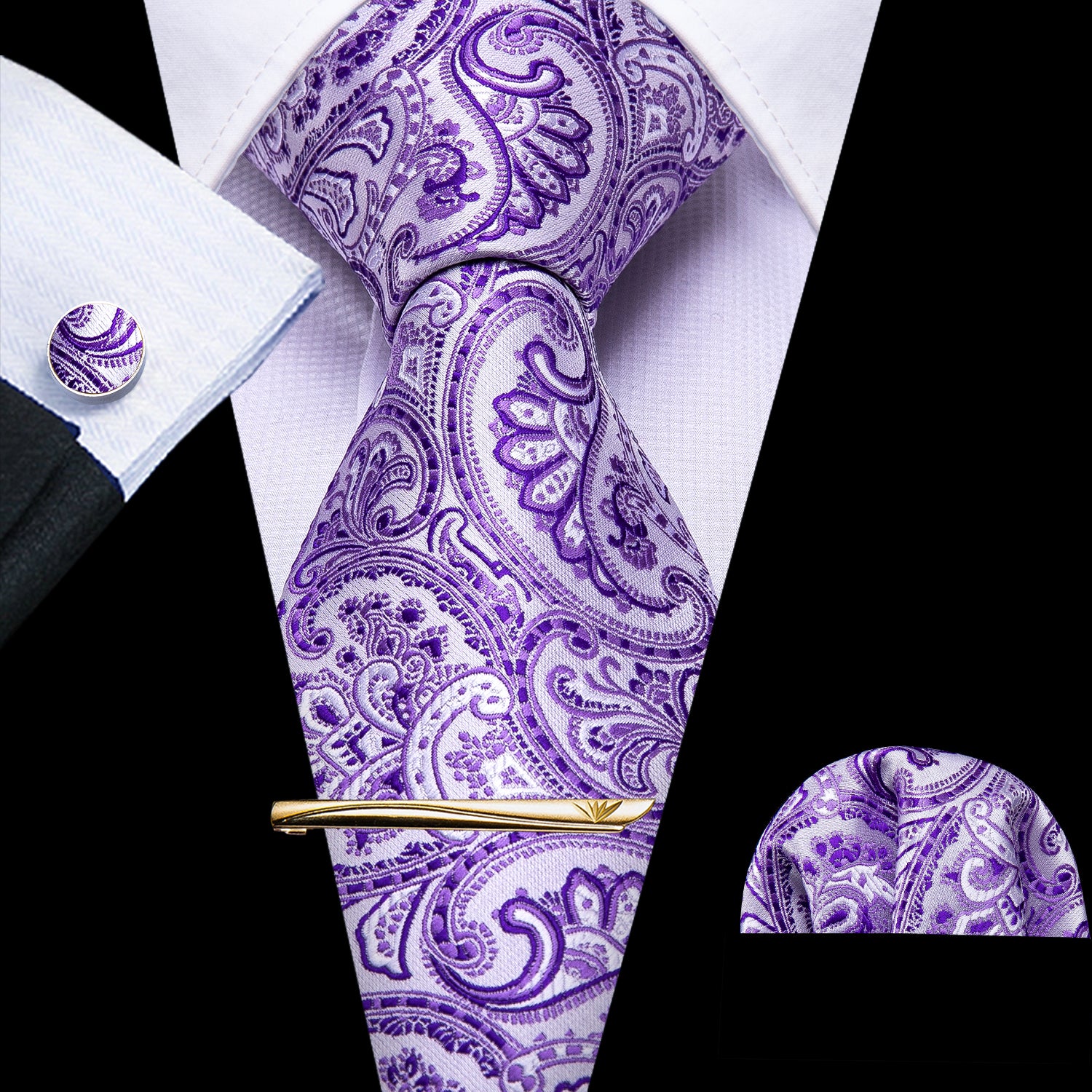 4PCS Lavender Purple Paisley Silk Necktie Hanky Cufflinks Tie Clip Set
