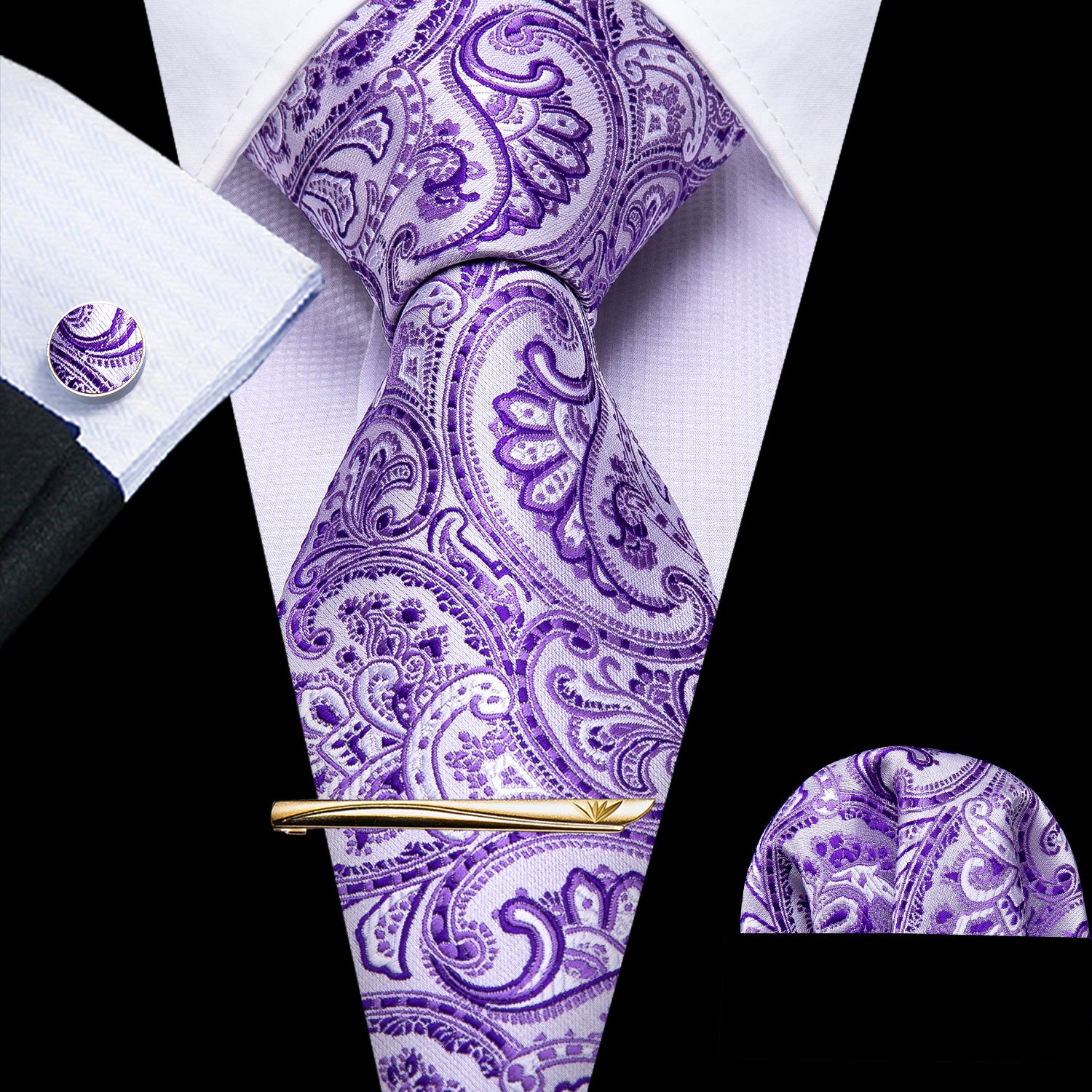 Light purple necktie with gold chain purple cufflinks tie length 59 inch 