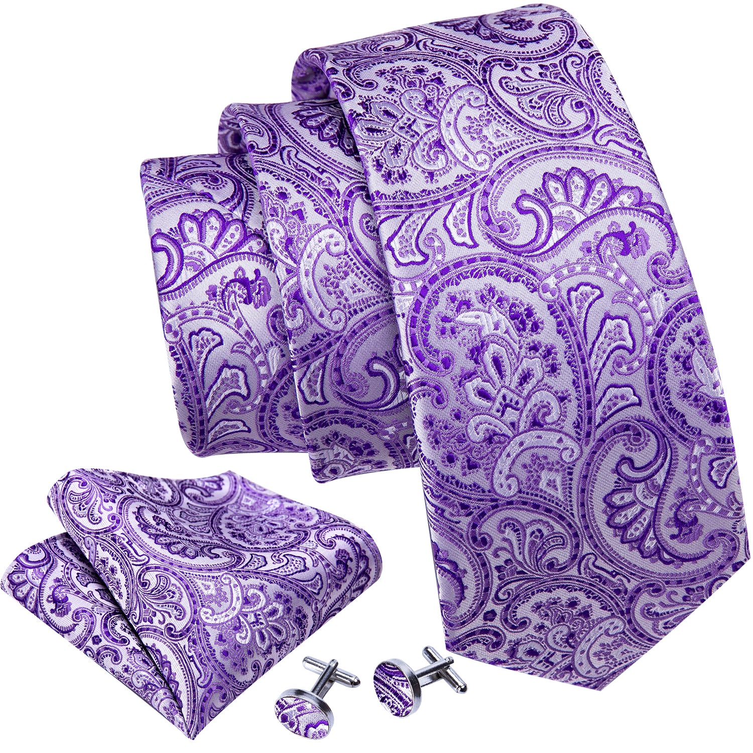 Barry. Wang Lavender Purple Paisley Silk Tie Hanky Cufflinks Clip Set