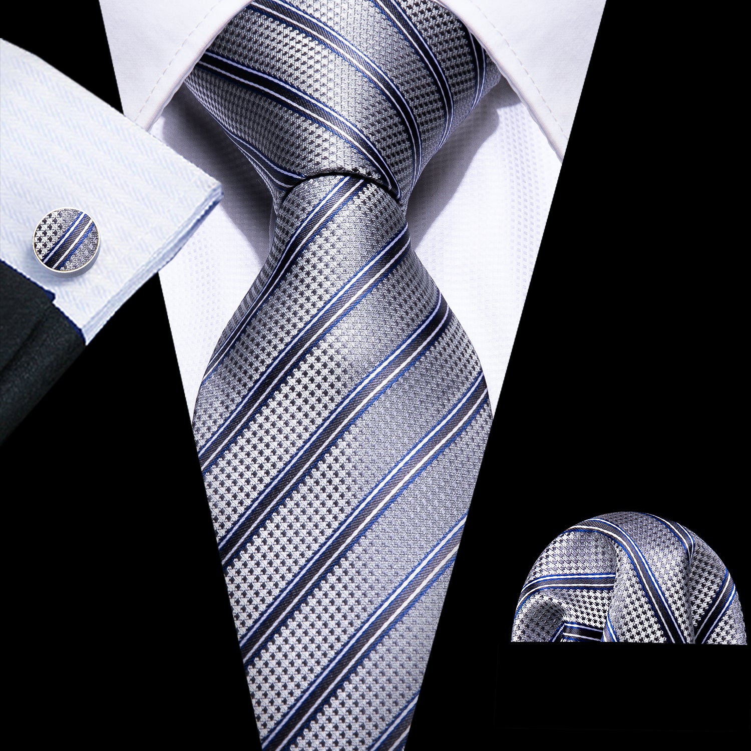 New Grey Blue Striped Silk Tie Hanky Cufflinks Set