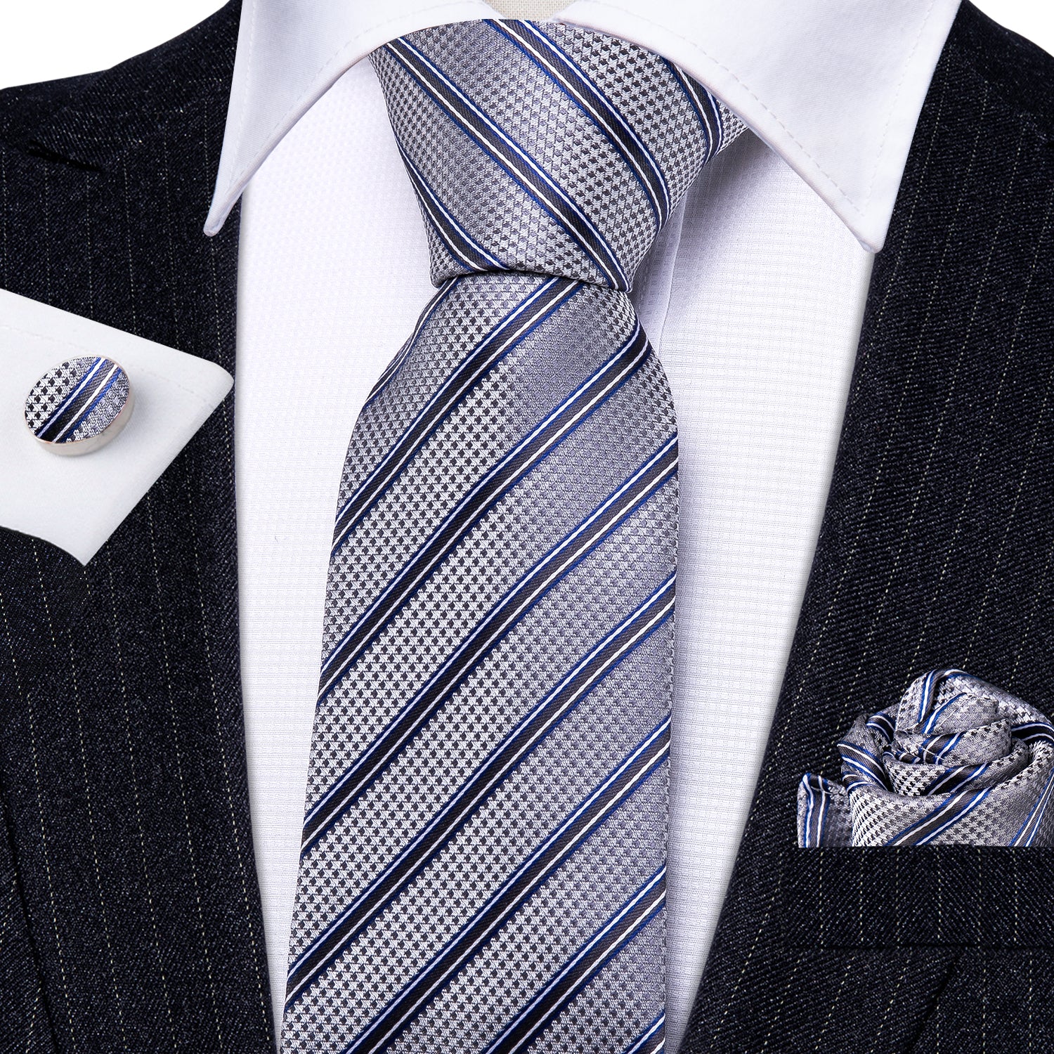 New Grey Blue Striped Silk Tie Hanky Cufflinks Set