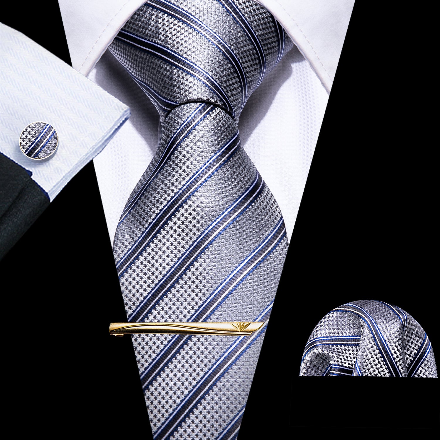 Black Suit white shirt grey necktie with dark blue stripes striped necktie 