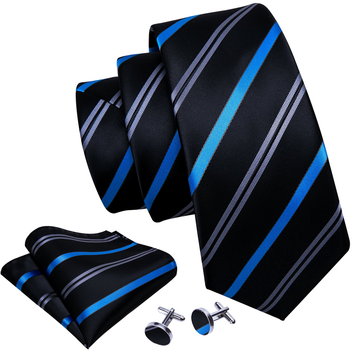 Barry Wang Black Tie Blue Striped Silk Necktie Hanky Cufflinks Set
